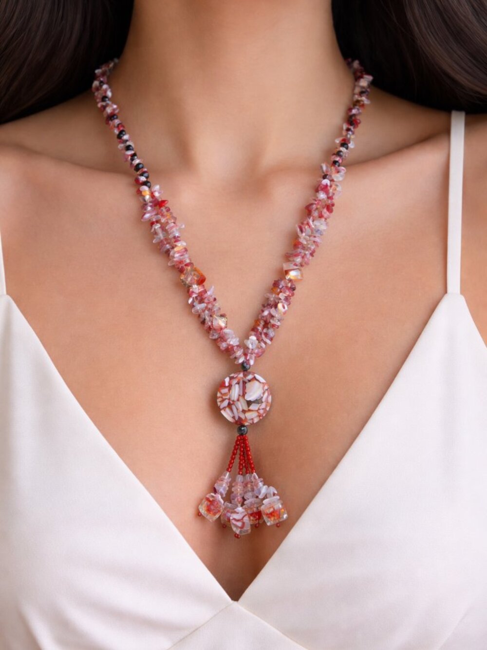 Red White Glass & Resin Necklace